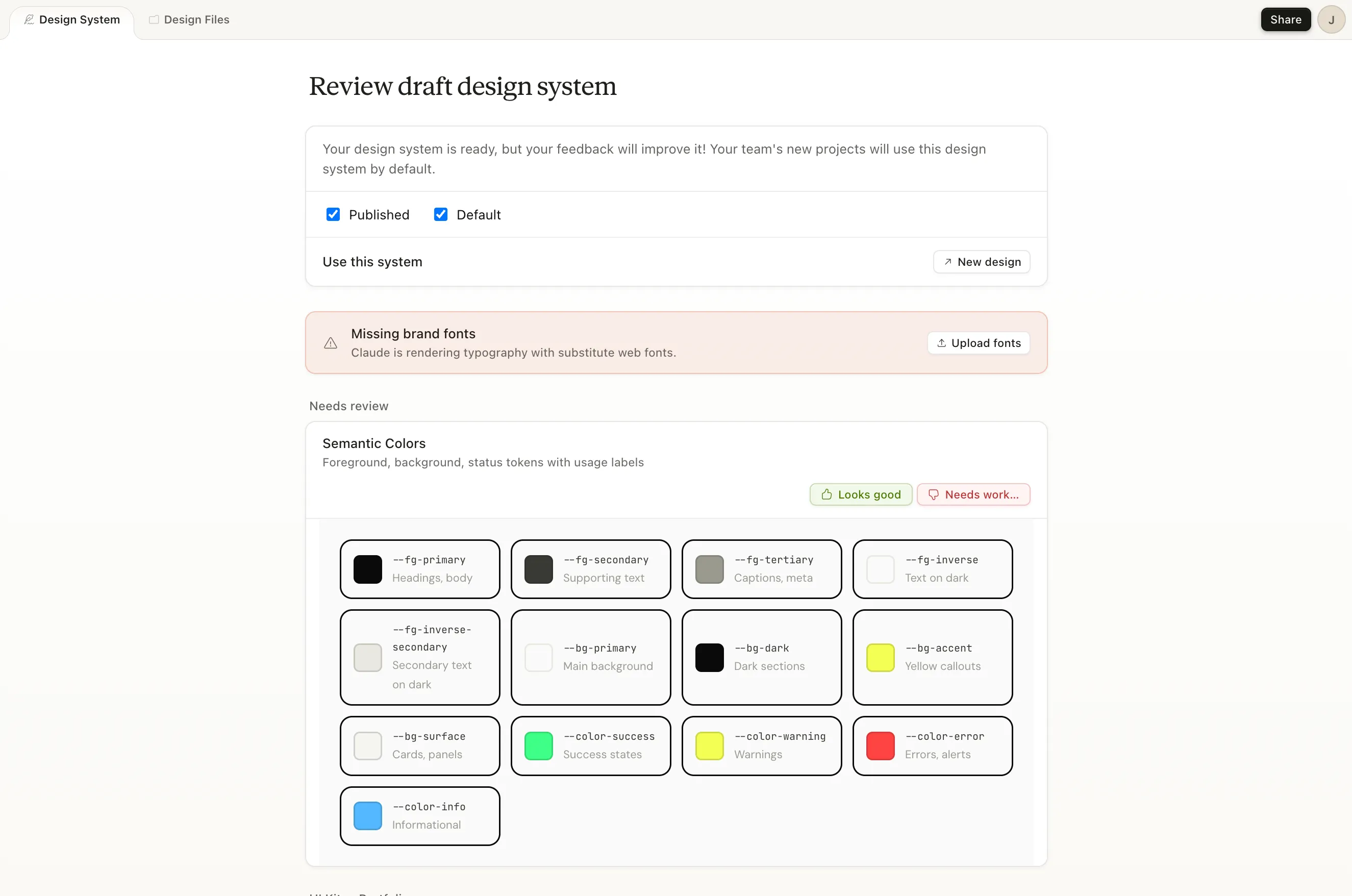 Claude Design system creation UI showing semantic color tokens and system setup