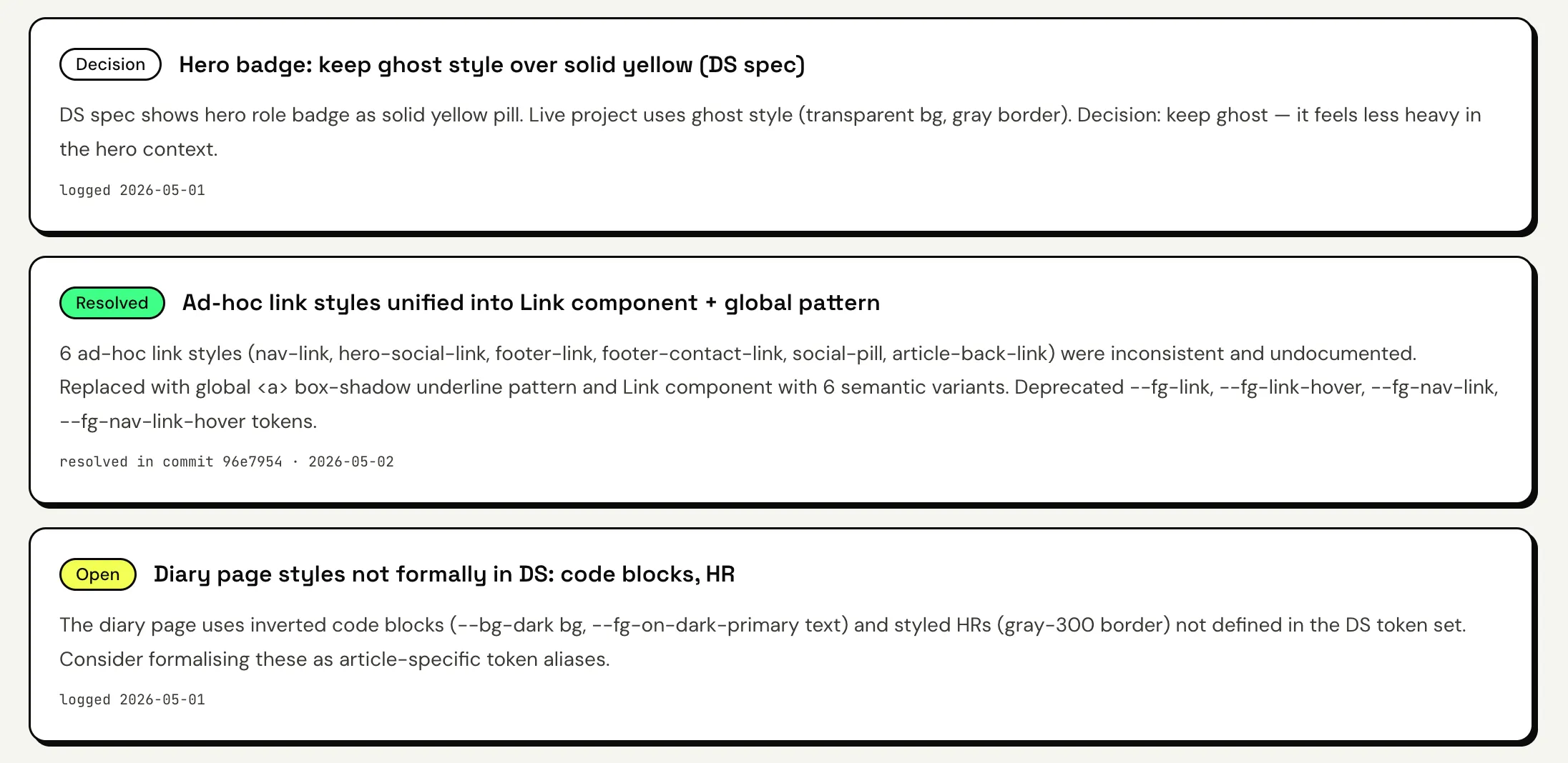Design system discrepancy tracking showing decision, resolved, and open issues rendered on the site